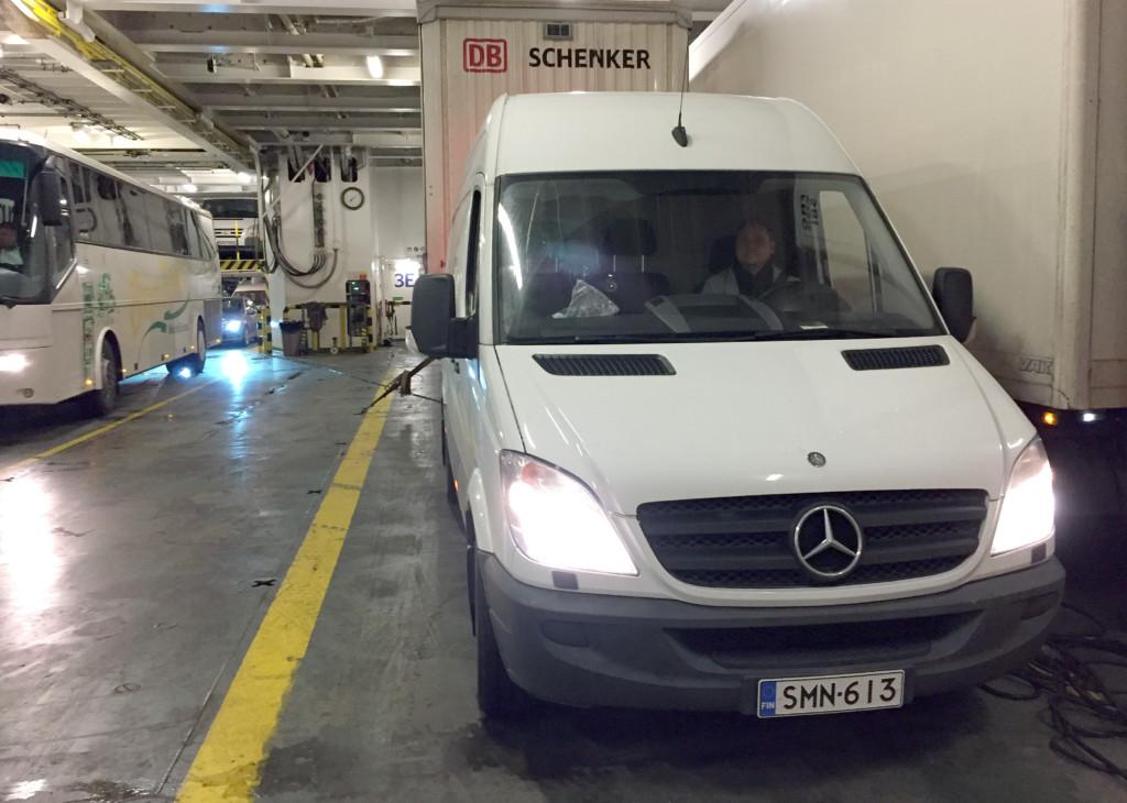 Q van safely loaded into a ferry from Finland to Sweden